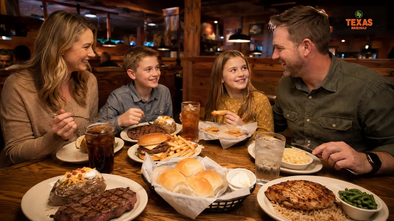 Texas Roadhouse Tuesday specials with steaks, burgers, sides, drinks, and family dining on a restaurant table.