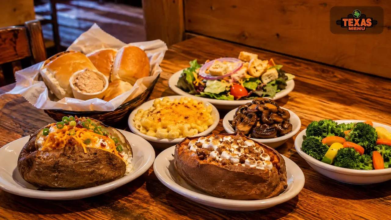 Texas Roadhouse vegetarian options with baked potato, mac and cheese, salad, vegetables, and rolls on a restaurant table.