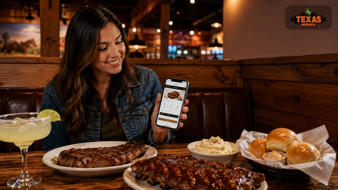 Texas Roadhouse VIP Club dining table with steak, ribs, rolls, margaritas, and smartphone showing member offer