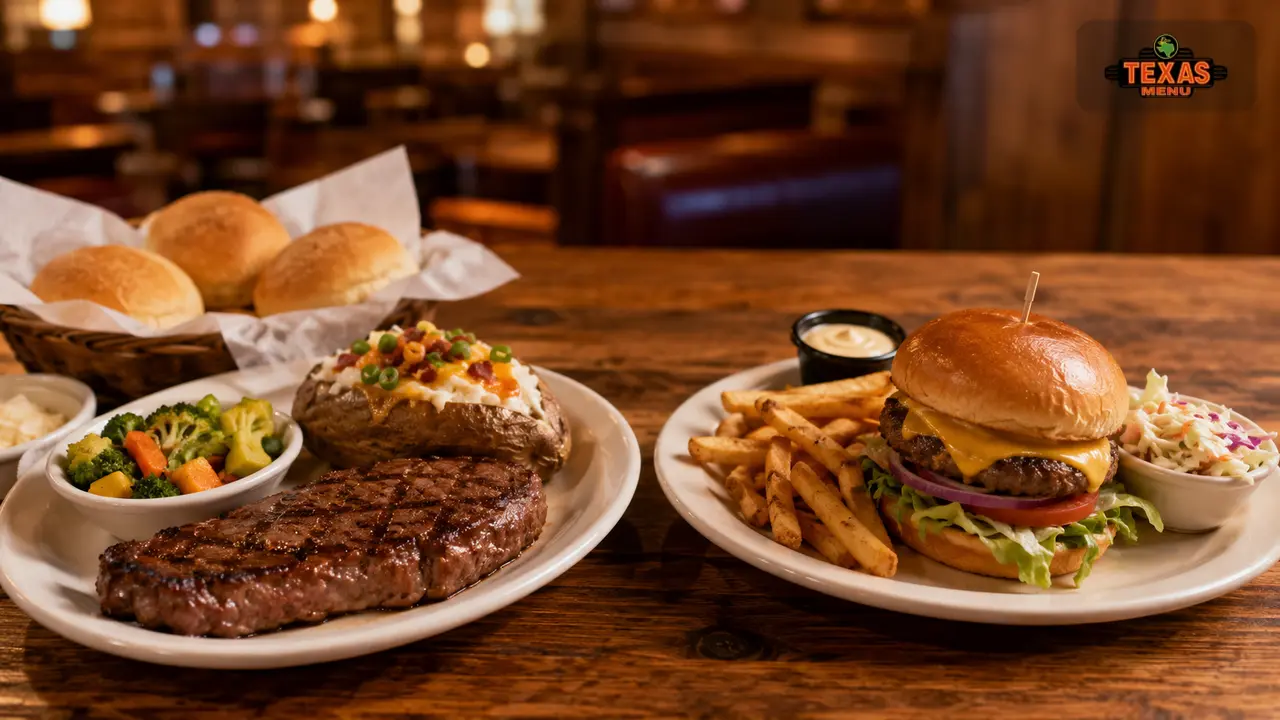 Comparison of Texas Roadhouse-style steak dinner and Applebee’s-style casual dining meal on a restaurant table.