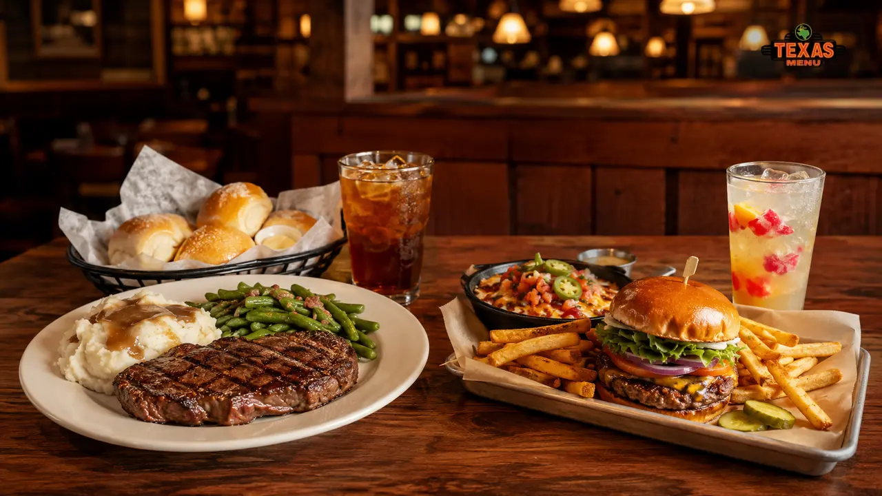 Side-by-side comparison of Texas Roadhouse-style and Chili’s-style restaurant meals on a table.