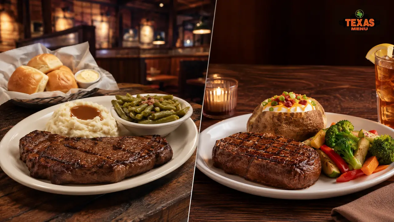 Side-by-side comparison of Texas Roadhouse-style and Outback-style steak dinners with sides on a restaurant table.Side-by-side comparison of Texas Roadhouse-style and Outback-style steak dinners with sides on a restaurant table.