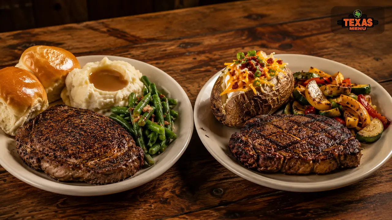 Side-by-side steakhouse meal comparison with Texas Roadhouse-style and LongHorn-style steak dinners on a table.