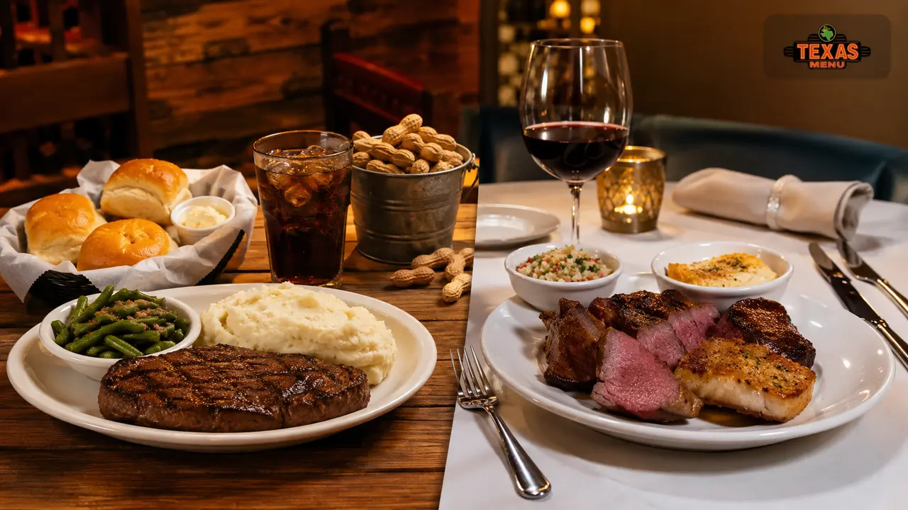 Side-by-side comparison of Texas Roadhouse-style steak dinner and Texas de Brazil-style grilled meat service.