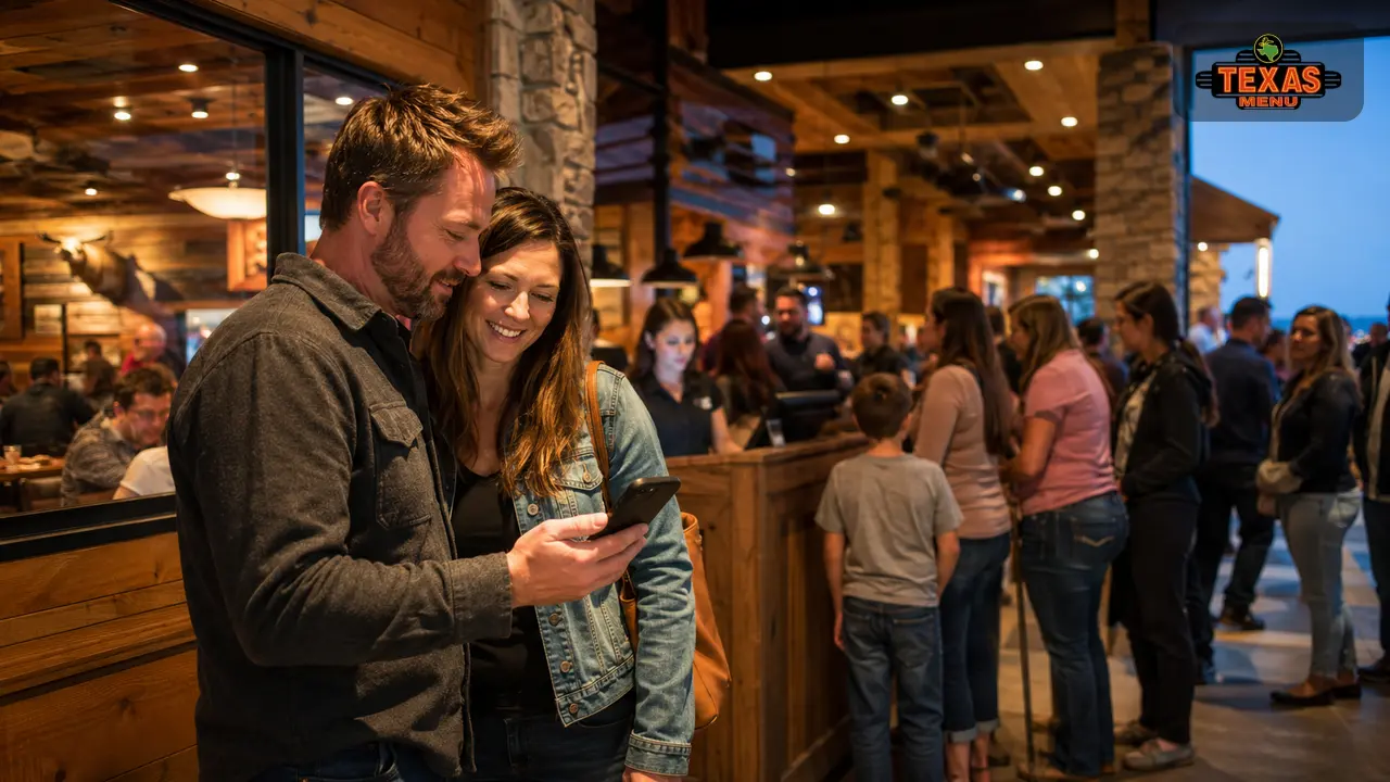 Diners checking Texas Roadhouse wait time on a phone near a busy restaurant entrance and host stand.